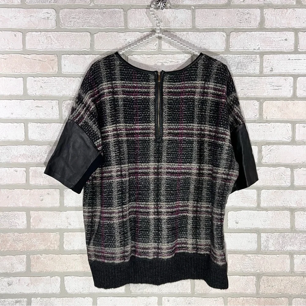 St John Plaid Mohair Wool Blend Leather Trim Short Sleeve Sweater Size L